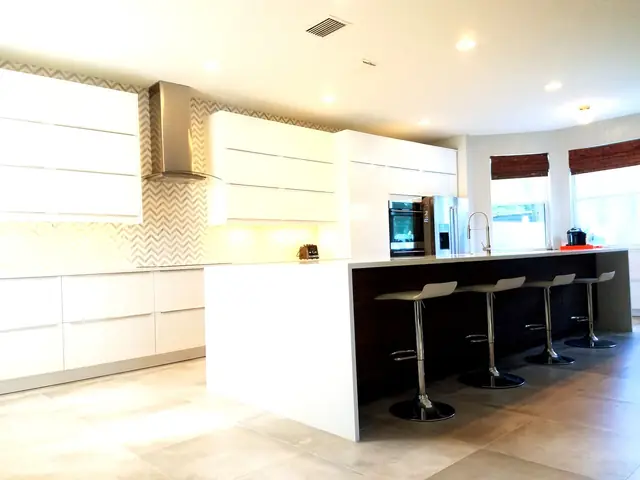 Glossy white kitchen with a waterfall island