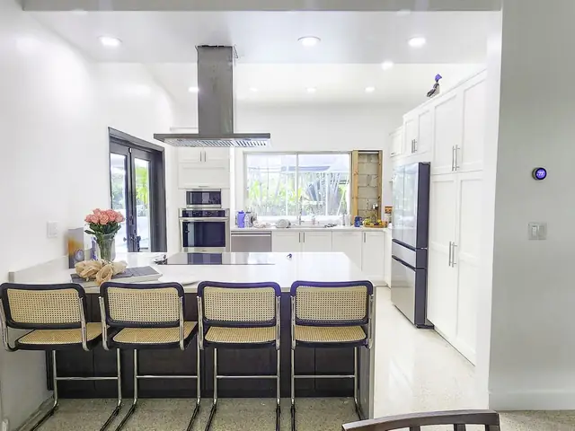 White kitchen with an island and bar stools